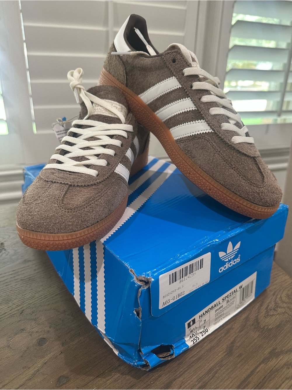 adidas Taupe Suede Handball Sneakers with White Stripes Spezial